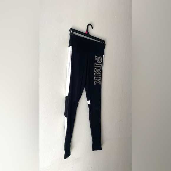 Victoria’s Secret PINK‎ Black White Silver Logo Dog Flat Yoga Leggings Size M - Picture 2 of 8